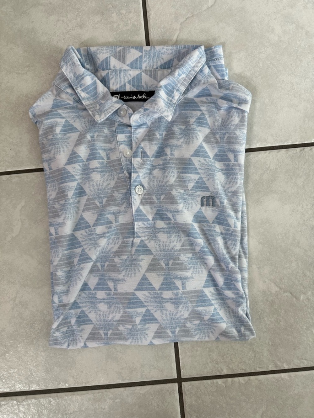 Travis Mathew Light Blue & White Geometric Palm Print Polo